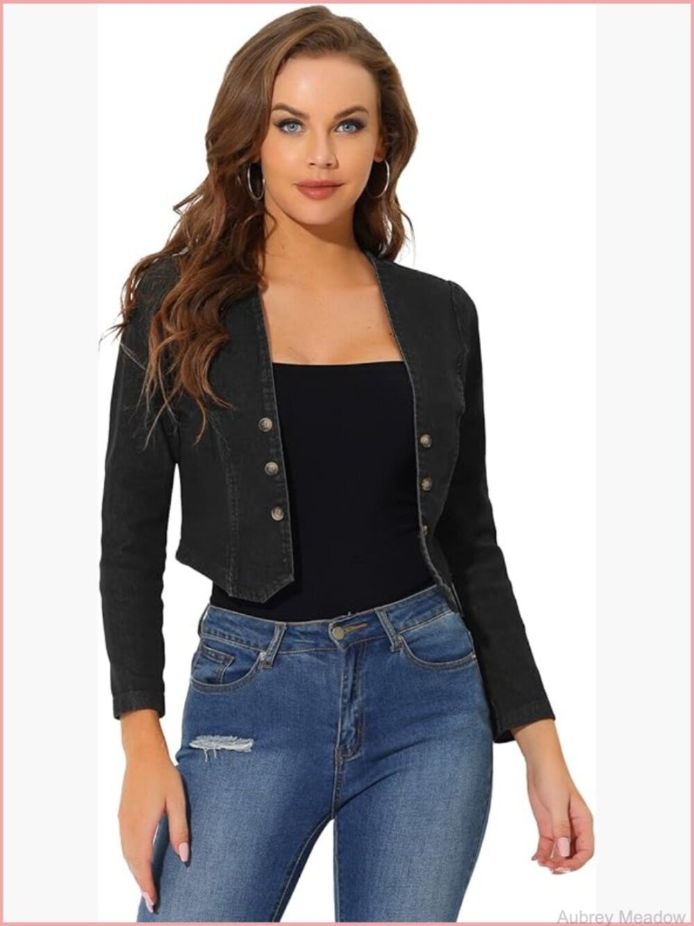 Cropped Denim Jacket Double Breasted Open Front Jean Cardigan - Women